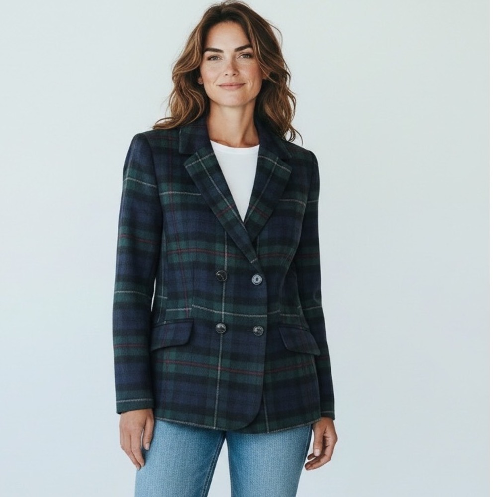 Talbots Petite Black Watch Plaid Wool Blend Double Breasted Blazer Green 10P